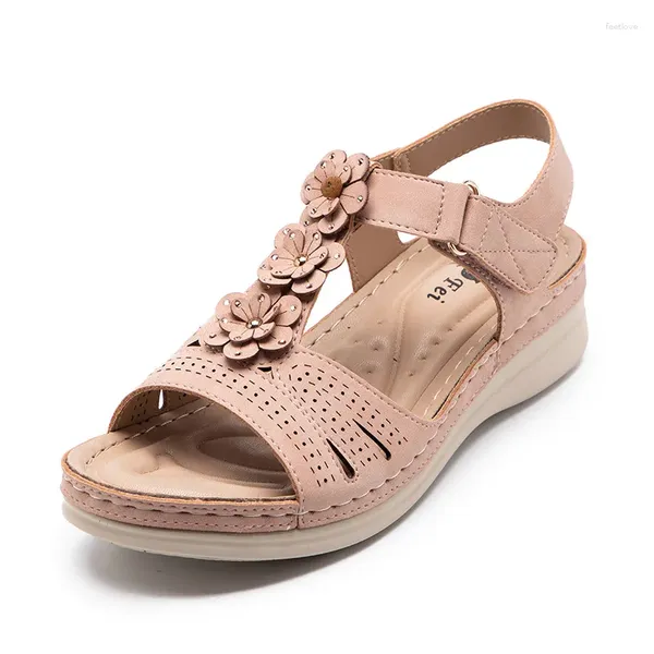 Kleid Schuhe Hohe Qualität PU Leder Frauen Sandalen 5 cm Ferse Keile Mädchen Rosa Strand Blume Chunky Sommer Schuhe plus Größe