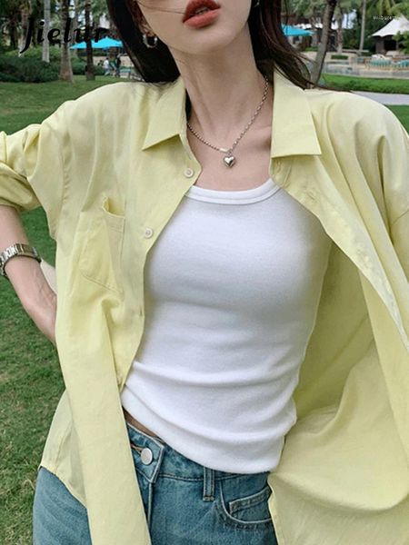 Blusas femininas chique amarelo básico escritório senhoras camisas cor sólida solta único breasted mangas gota simples streetwear