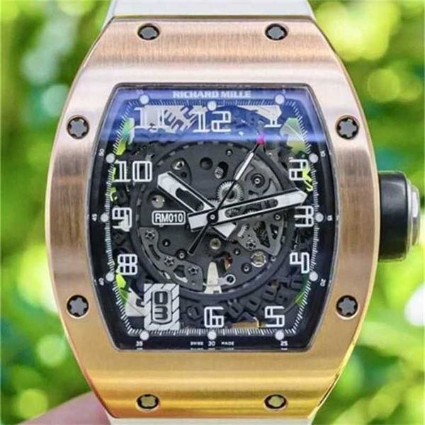 Designer Richarmill Uhr Automatische mechanische Tourbillon-Armbanduhren Schweizer Uhren 010 Roségoldboxen Weiße Gummi-Faltschließe Automatik Rm010 WN-PMJX