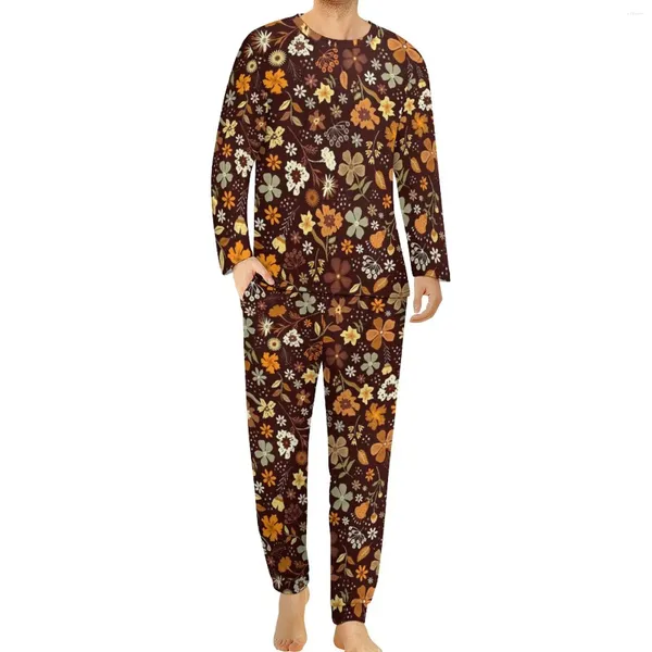 Pijamas masculinos Ditsy Floral Pijama Boho Flores Imprimir Mens Mangas Compridas Kawaii Set Duas Peças Sono Outono Design Aniversário Gi