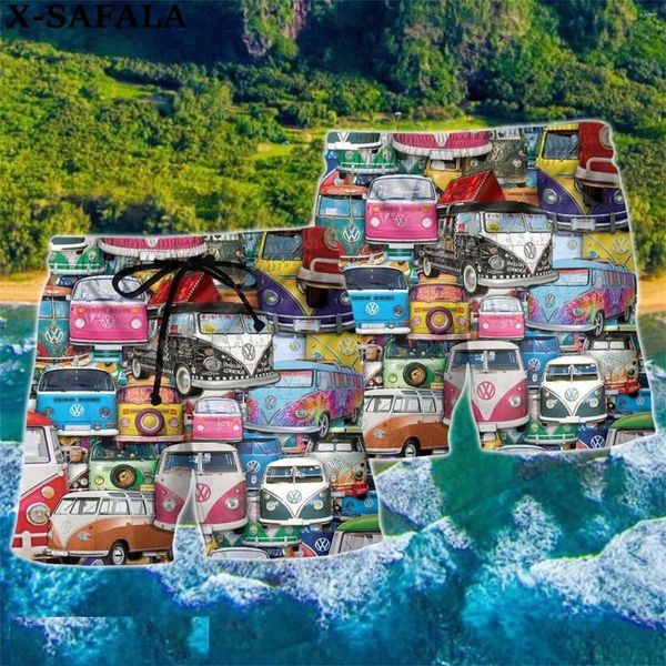Shorts masculinos Hippie Engraçado Ônibus Carros Arte Colorida 3D Impresso Natação Verão Praia Férias Havaianas Meia Calça