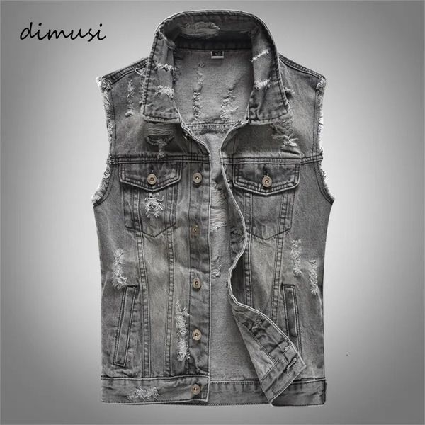 Herrenwesten DIMUSI Frühling Herbst Vintage Design Herren Denim Weste Männliche Retor Ärmellose Jacken Männer Ripped Hole Jean Westen Kleidung 5XL 231012