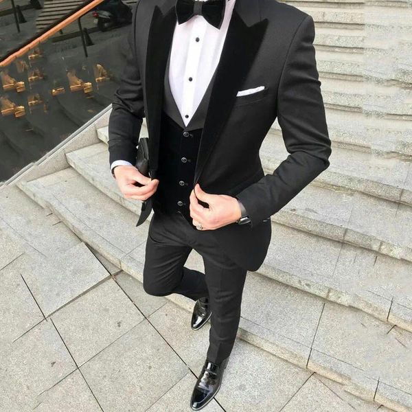 Ternos masculinos feitos sob medida, preto, casamento, para mantuxedos, noivo, lapela repicada, colete de veludo, calças, terno, blazer masculino