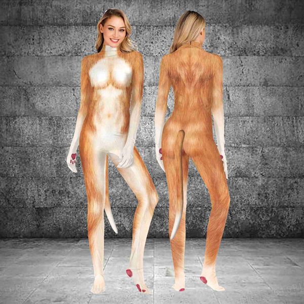 Tema Kostüm Zawaland Kadınlar 3D Doku Baskı Tam Kapak Cosplay Tail Kasık Fermuar Tulumları ile Bodysuit Catsuit Zentai Takım T231013