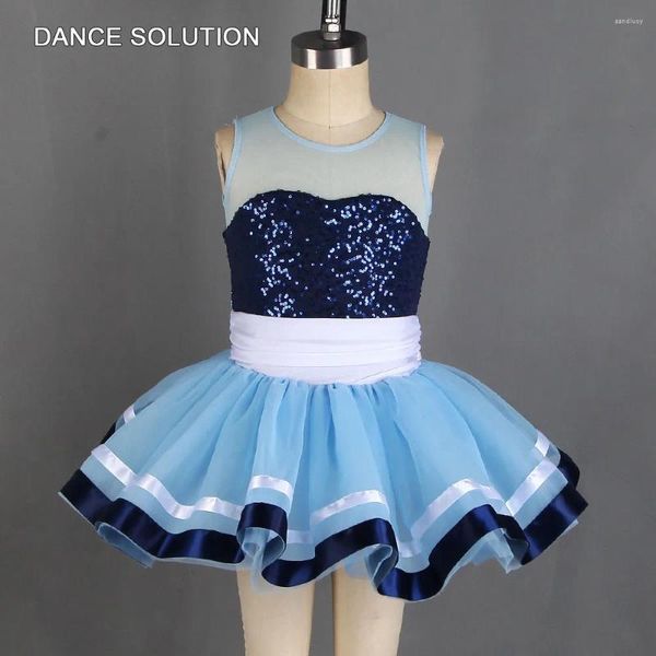 Stage Wear Kids Dance Show Costume Mesh e paillettes Body in spandex con strato di morbido tulle Tutu Gonna Performance per ragazze 21023