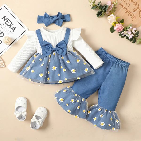 Set di abbigliamento 0 2 anni bambina nata bambina primavera e autunno patchwork di cotone imitazione denim set di pantaloni a maniche lunghe in rete con piccole margherite 231012