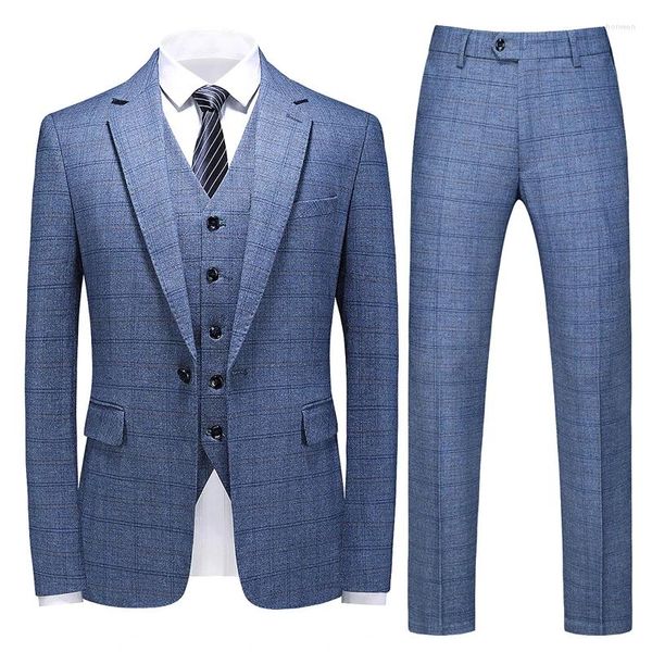 Abiti da uomo Plyesxale Blu Plaid Smoking Sposo Per Uomo Costume da sposa 3 Pezzi Homme Abito formale casual Stage Prom Wear Q1317