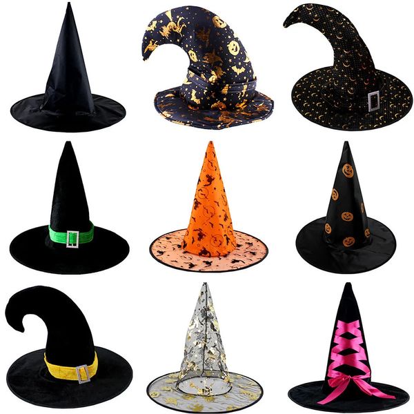 Cappelli a tesa larga Cappelli a secchiello 1 pz Per adulti Bambini Cappelli da strega neri Nastro in maschera Costume da mago Berretti a punta Puntelli Cosplay Festa Halloween Natale 231013