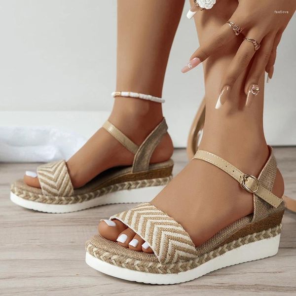 Модельные туфли Женские сандалии на танкетке в полоску в стиле ретро, летние сандалии на платформе с пряжкой и ремешком, легкие нескользящие римские сандалии на толстой подошве 43
