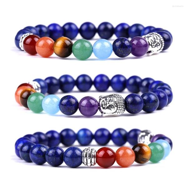 Charme Pulseiras 8mm Lapis Lazuli Ágata Vermelha Yoga Balance Pulseira Bangle para Mulheres Homem Ametista 7 Cores Chakra Buddha Head Bead