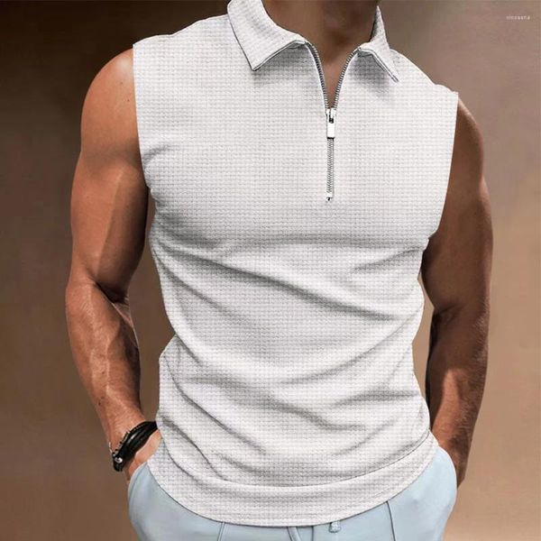 Polos masculinos casual zip colarinho sem mangas polo-camisetas fino ajuste cor sólida verão muscular topos t camisa roupas masculinas