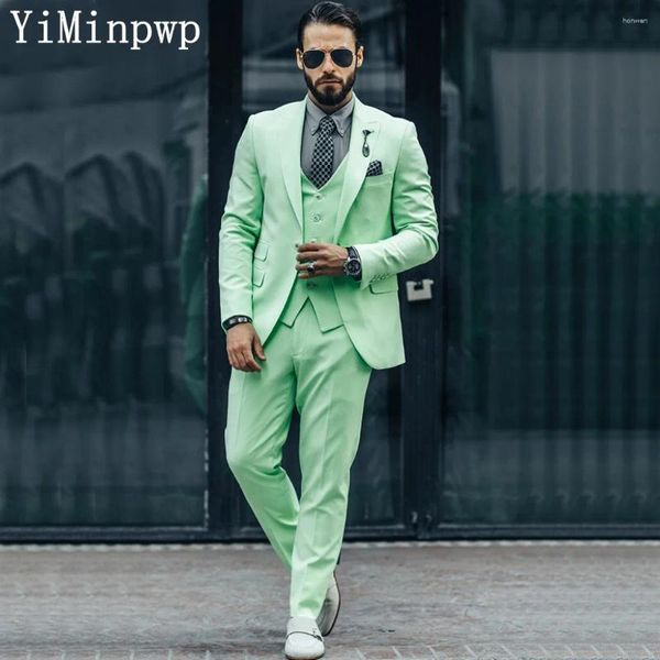 Ternos masculinos verde menta completo para homens 3 peças lapela repicada único breated viajar festa casual terno traje homme jaqueta colete calça