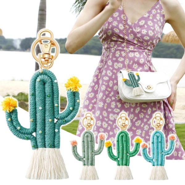 Estatuetas decorativas verde cacto chaveiro boho contas mão tecida à mão para um pingente de saco