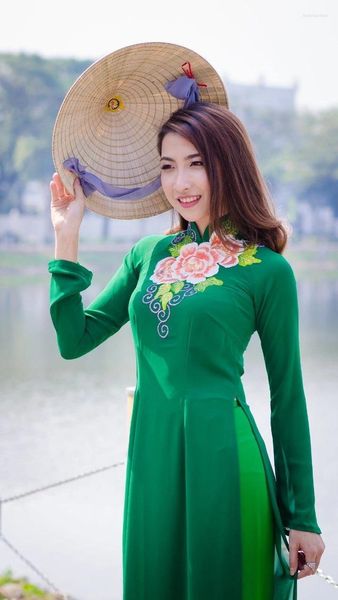 Этническая одежда, зеленый пион, индивидуальное вьетнамское платье Aodai, Cheongsam, вьетнамские традиционные восточные костюмы, брюки и халат