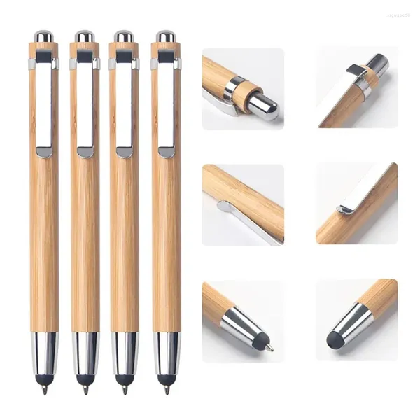 500 unids/lote bolígrafo de prensa instrumento de escritura de madera de bambú 2 en 1 con lápiz táctil
