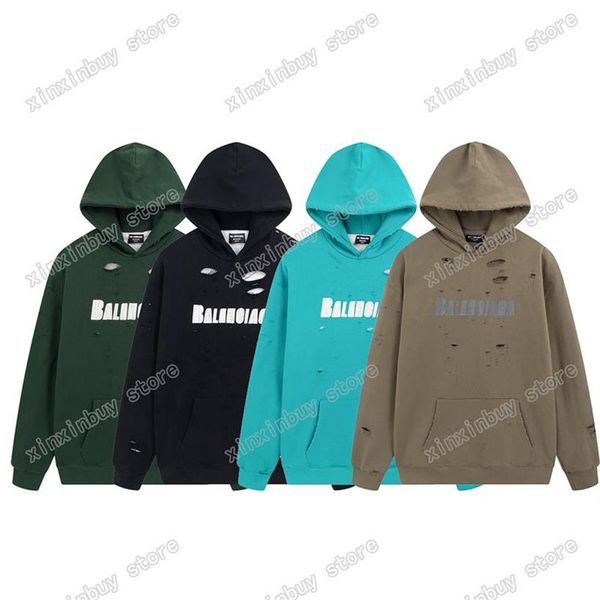 Xinxinbuy Homens Designer Hoodie destruído Carta Imprimir Paris Buraco Algodão Pulôver Mulheres Amarelo Verde Preto Roxo XS-2XL232F