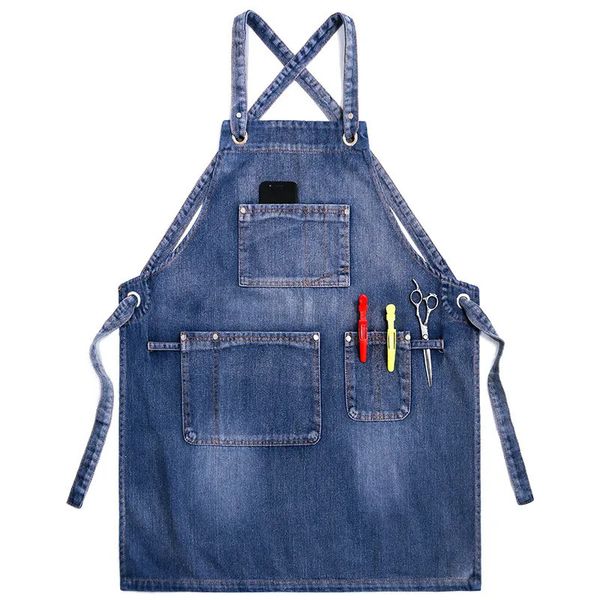 Aventais Denim avental Coreano moda barista leite loja de chá cozimento homens e mulheres roupas de trabalho barbeiro arte de unhas impressão personalizada 231013