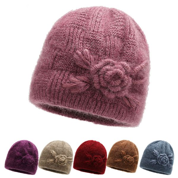 Bonnet pour femmes chapeaux d'hiver mode Floral croix tricoté chapeau dames chaud velours hiver chapeau Skullies bonnets maman grand-mère casquette