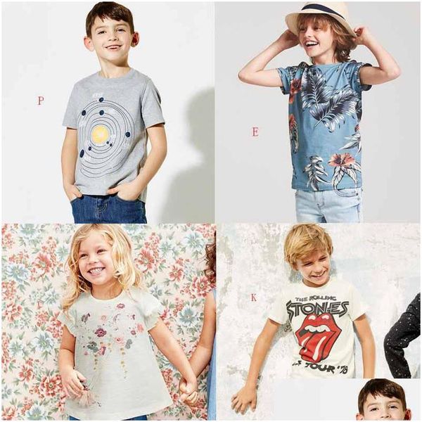 T-Shirts 16 Stile Jungen Mädchen Kinder T-Shirt 100% Baumwolle Kurzarm Cartoon Blumendruck Kind Kausal Sommer Top 4-10T Schiff Baby, Kinder M Dhlqm