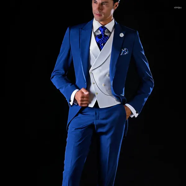 Ternos masculinos italianos azuis reais, blazers de casamento, smoking, 3 peças, casaco, calças, colete, traje masculino, lapela repicada