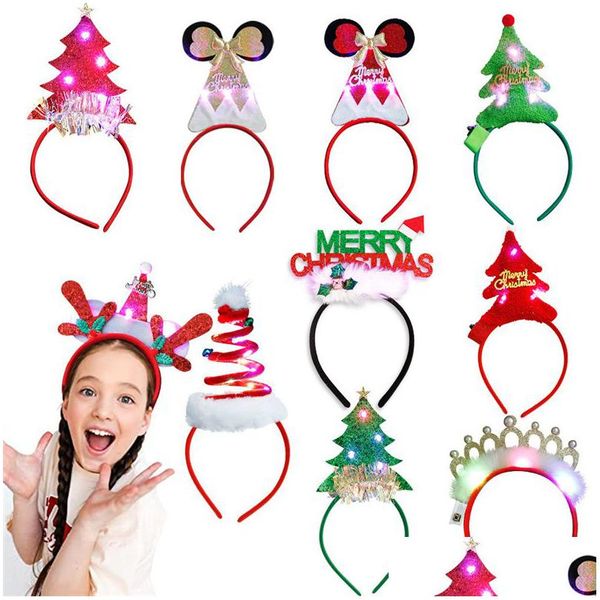 Decorações de Natal Natal LED Headbands Árvore Traje Headwear Rena Elf Chapéus Headband Xmas Light Up Holiday Party Favors Supp Dhrnh