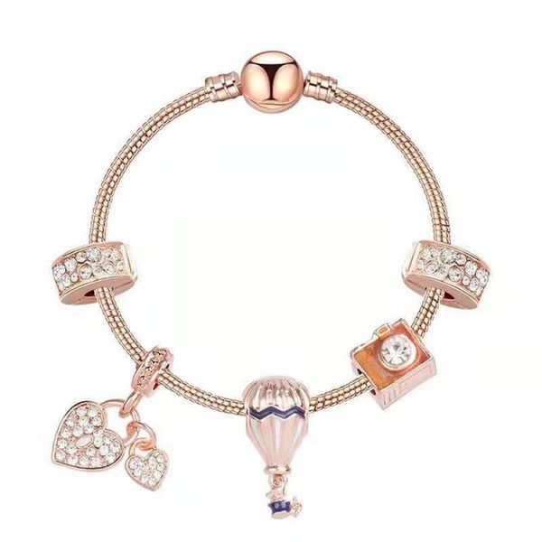 Roségoldenes Charm-Armband mit Luftfeuer-Ballon-Charms, diamantbesetztem Herzanhänger, Flugzeug-Flugzeug-Teleskop-Glasperlen, passend für D229e