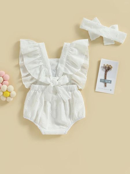 Strampler Maemukilabe Infant Born Bubble Strampler Stirnband Baby Mädchen Kleidung Sets Blumenstickerei Overall Sommer Outfits (Weiß 3-6