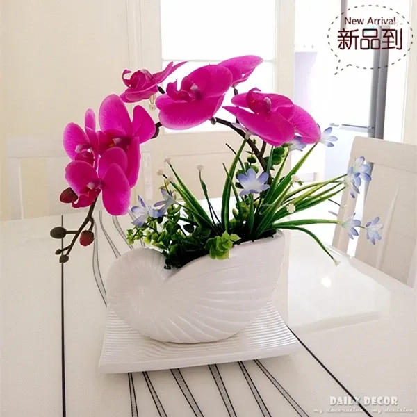 Flores decorativas alta simulação artesanal ikebana arranjos de orquídea artificial roxo toque real látex bonsai em vaso