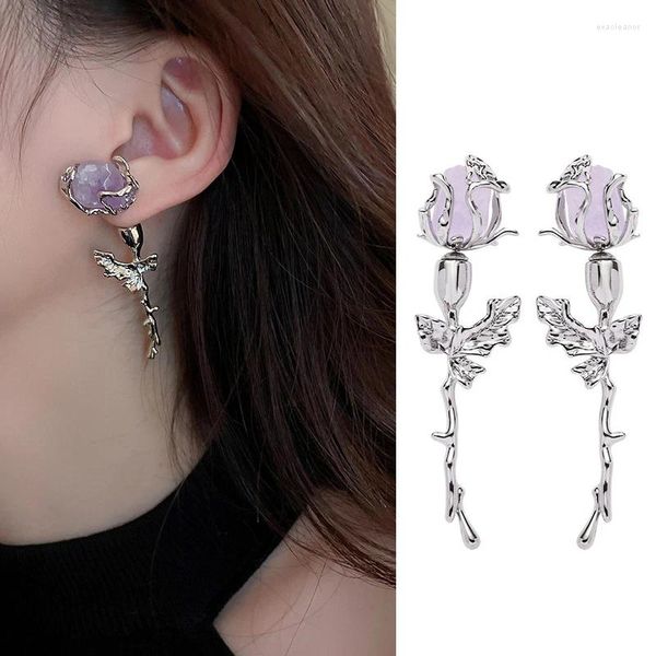 Creolen, 1 Paar, cool, süß, Amethyst, Rosenblüten-Ohrstecker für Frauen, Punk, Zweige, Blätter, langer Ohrring, Mädchen, Schmuck, Geschenk, Pendientes