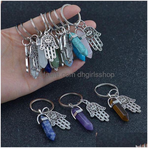 Chaveiros Coluna de Cristal Hexagonal Pedra Natural Chaveiro Fatima Palm Charm Ametista Rosa Quartzo Tigre Olho Lapis Verde Aventurina Chave Dhoty