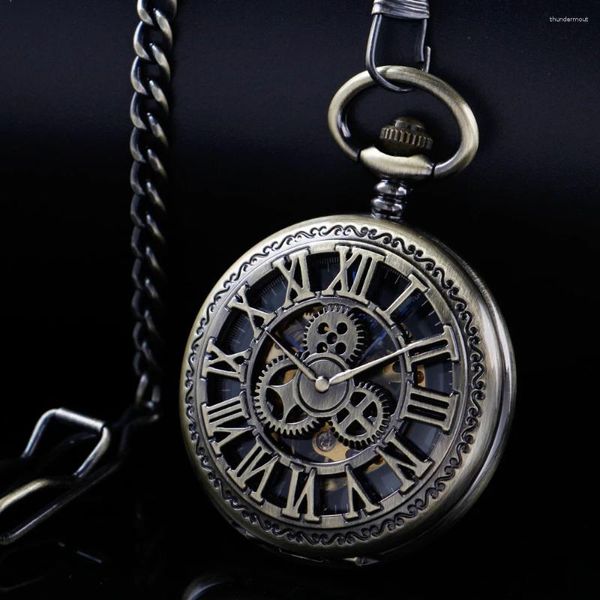 Карманные часы, античная бронза, полые механические часы с ручным управлением, синие римские цифровые часы с циферблатом в виде черепа, подвеска, автоматические часы