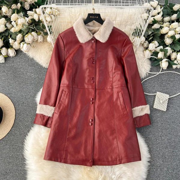 Damen Trenchcoats Plus Samt Verdickte Lederjacke Frauen Herbst Winter Koreanische Revers Pelz Innen Midi Länge PU Oberbekleidung Mantel Feminina