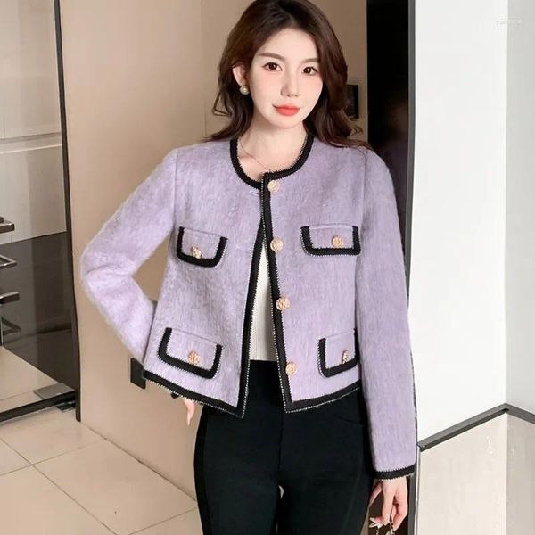 Kadın Ceketleri Yüksek Dereceli Yünlü Giysiler Tweed Chic Coat Ladies Kore Moda Mor Dış Giyim Üstü Kadın