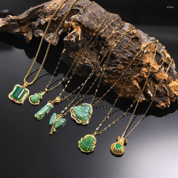 Подвесные ожерелья изысканный будда зеленый камень смоделирован Jade Amulet Maitreya Dewellery для женщин 2022215m