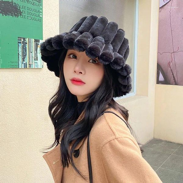 Berets senhoras chapéus estilo coreano moda cor sólida engrossado pescador retro listras verticais bonés de pelúcia para mulheres