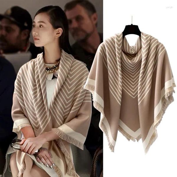 Lenços macio grosso imitar cashmere grande lenço quadrado vórtice listras xale outono inverno mulheres pashmina neckerchief duplo lado