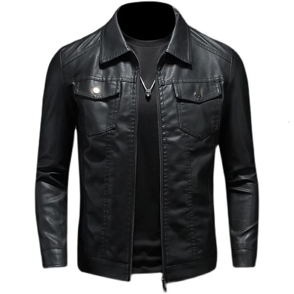 Мужская кожаная модная мотоциклетная куртка из искусственной кожи, облегающая, высококачественная, с лацканами из искусственной кожи, с несколькими карманами, ветрозащитная, 231012