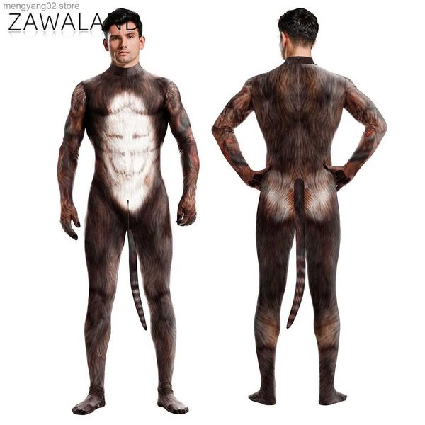 Thema Kostüm Zawaland Halloween Männer Overalls Tier Cosplay Kommen Kleidung Reißverschluss Zentai Bodys Unisex Verkleidung Overalls mit Schwänzen T231013