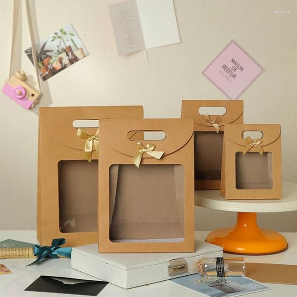 Envoltório de presente Janela Transparente Bowknot Cor Sólida Kraft Papel Flap Bolsa Ins Vento Pequeno Saco de Embalagem Portátil Fresco