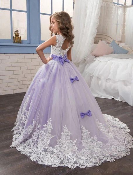 Kız Elbiseler Pageant 0-16 Yıl Mor Yüksek Kaliteli Çiçek Boncuklu Dantel Bows Prenses Elbise Çocuklar İçin Düğün Partisi Elbise