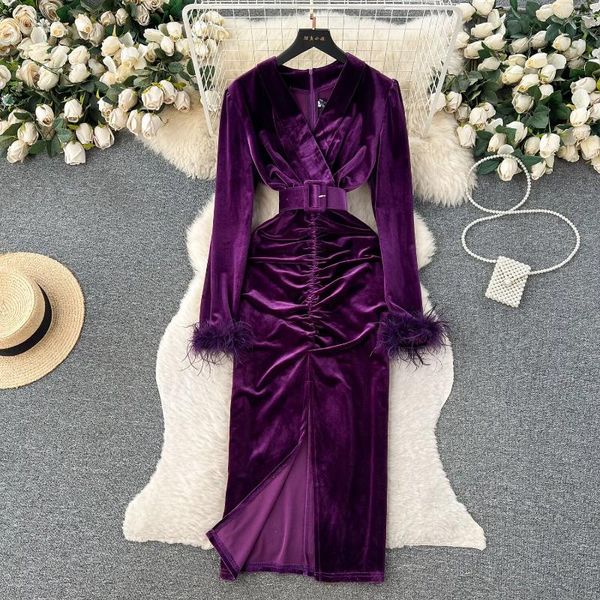 Abiti casual di alta qualità elegante viola vestito da partito lungo 2023 autunno inverno scollo a V da donna slim fit chic di media lunghezza velluto prom