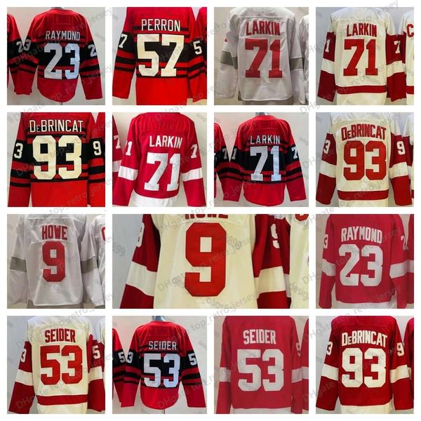 Mens 9 Gordie Howe 71 Dylan Larkin 53 Moritz Seider 57 David Perron 23 Lucas Raymond Hóquei Jerseys 93 Alex DeBrincat 2023 Novo reverso retro costurado camisas de hóquei