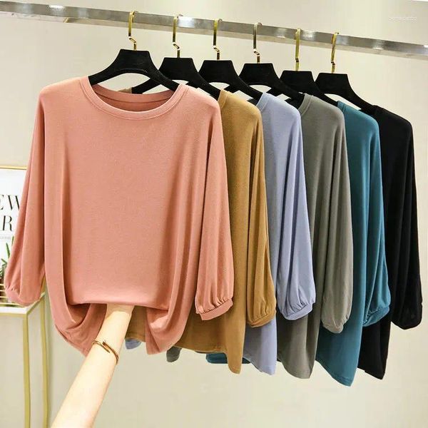 Camiseta feminina manga comprida macia casual solta algodão camiseta para outono fino sólido top 2023 moda coreana roupas íntimas femininas