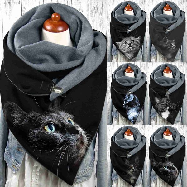 Lenços retro botão cachecol moda gato preto impressão inverno cachecol feminino quente macio envoltórios lenços de lã feminino pescoço envoltório echarpe femmel231013
