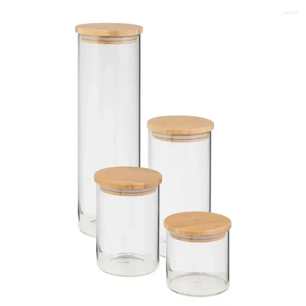 Garrafas de armazenamento podem fazer frascos de vidro de 4 peças, conjunto de tampas de bambu, recipiente natural, organizador de cozinha, frascos com alimentos contêm