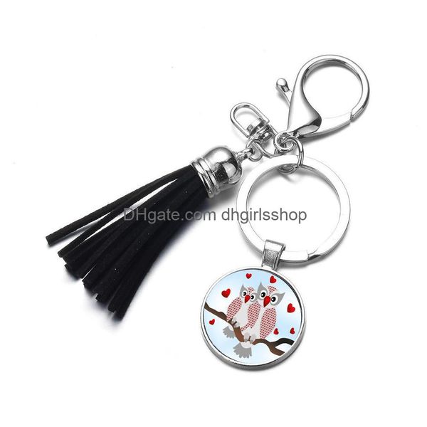 Chaveiros Coruja dos desenhos animados Vidro Cabochão Chaveiro Borla Keychain Titulares Saco Pendurar Moda Jóias Will e Jóias Dhgvy