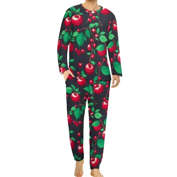 Herren-Nachtwäsche, süßer Kirschen-Druck-Pyjama, männlich, grüne Blätter, trendiger Frühling, langärmelig, 2-teilig, lässig, grafische Pyjama-Sets, große Größe