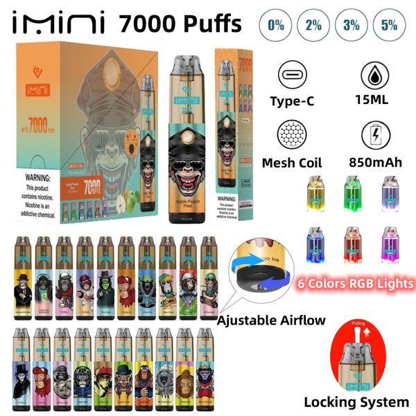 Original imini Tornado 7000 Puff 9000 Puffs Einweg E-Zigarette mit 15 ml Vape 0/2/3/5% Salz wiederaufladbarer Vape-Batterie assoziiert 20 Geschmacksrichtungen Sichtbarer Öltank