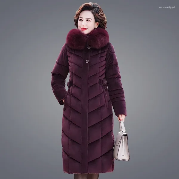 Trench da donna Abiti invernali Donna Cappotto lungo in pelliccia viola con cappuccio Tessuto in velluto Imbottito in cotone Caldo Parka spesso Capispalla