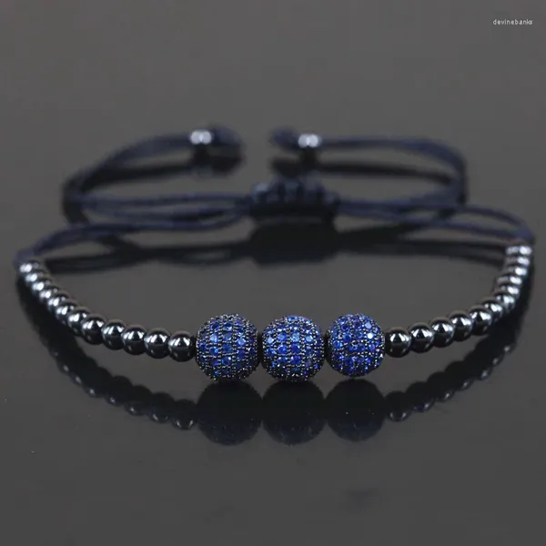 Charme Pulseiras Marca Homens 8mm Micro Pave Azul CZ Beads 4mm Preto Bola Redonda Cobre Trança Macrame Pulseira Jóias Presente